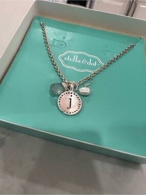Stella & Dot Silver Initial Disc Necklace “J” with Blue and Pearl Charms